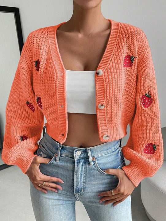 Moosta cardigan holgado de mujer con mangas farol, hombros caidos y bordado de fresa de estilo casual