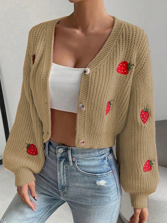 Moosta cardigan holgado de mujer con mangas farol, hombros caidos y bordado de fresa de estilo casual