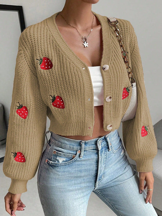 Moosta cardigan holgado de mujer con mangas farol, hombros caidos y bordado de fresa de estilo casual