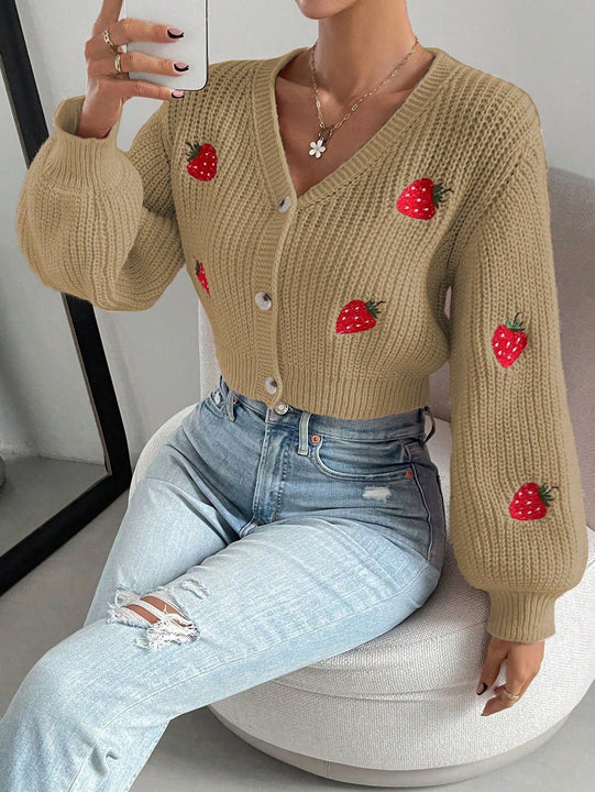 Moosta cardigan holgado de mujer con mangas farol, hombros caidos y bordado de fresa de estilo casual