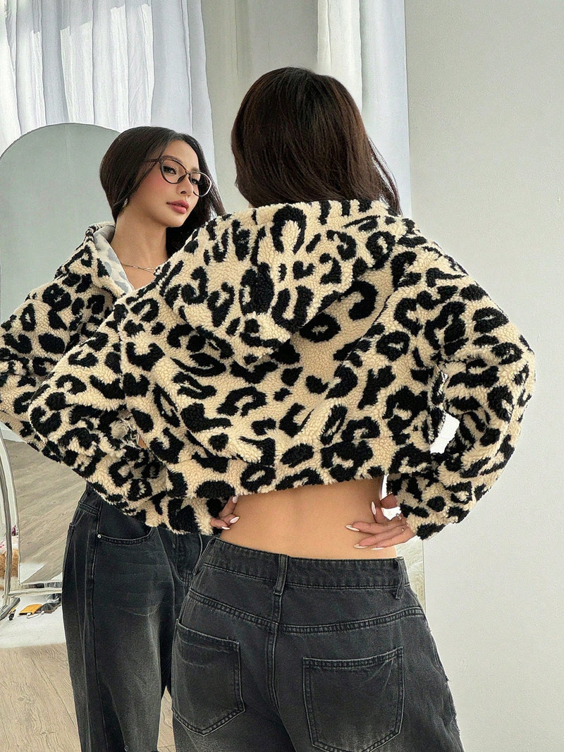 Ezwear chaqueta corta con capucha de borreguito informal con estampado de leopardo, para otono/invierno de mujer