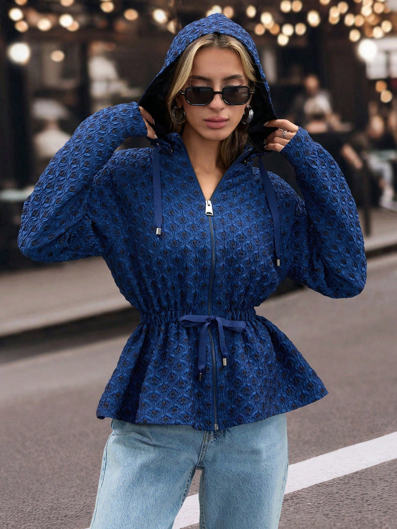 Chaqueta elegante con capucha y fruncido en azul para mujeres