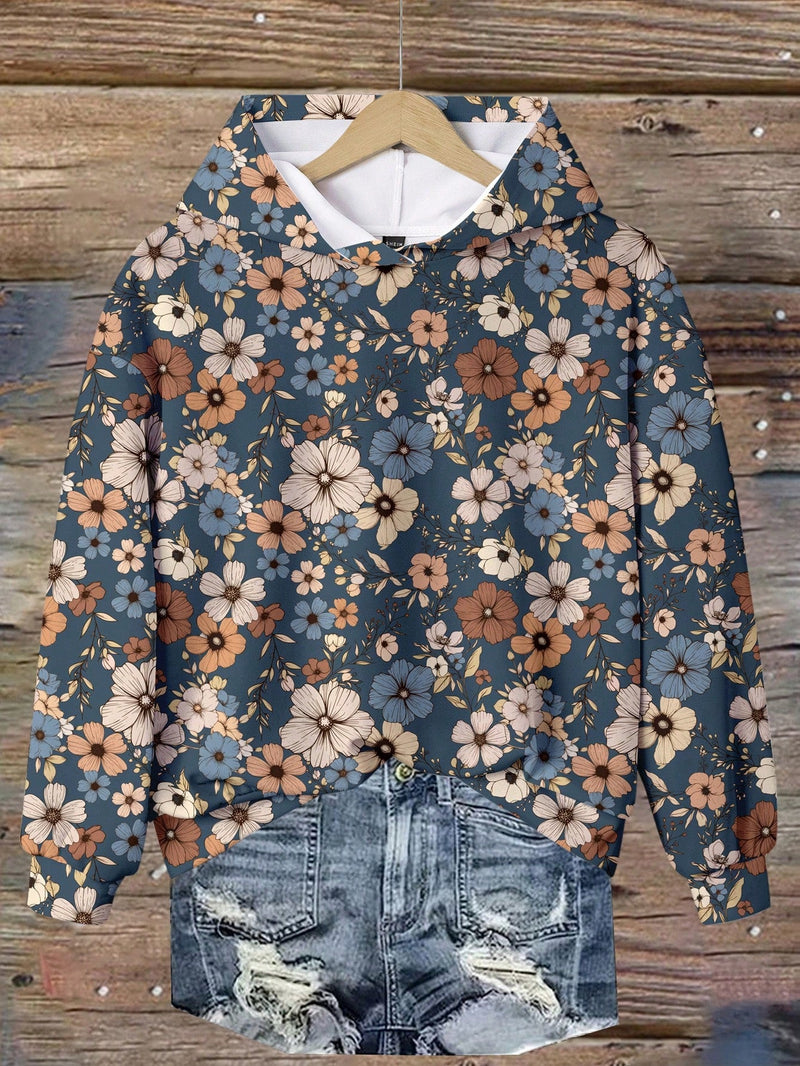 Lune sudadera con capucha de estampado floral vintage todo sobre en estilo minimalista casual, adecuada para otono/invierno