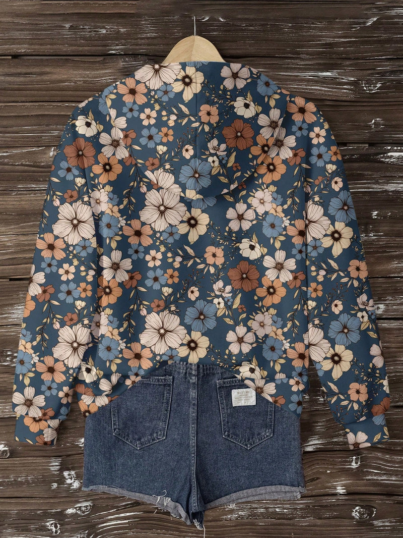 Lune sudadera con capucha de estampado floral vintage todo sobre en estilo minimalista casual, adecuada para otono/invierno