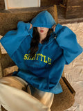 Dazy sudadera casual de mujer con bolsillo tipo kanguro y grafico de letras, sudadera con capucha azul