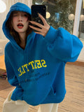 Dazy sudadera casual de mujer con bolsillo tipo kanguro y grafico de letras, sudadera con capucha azul