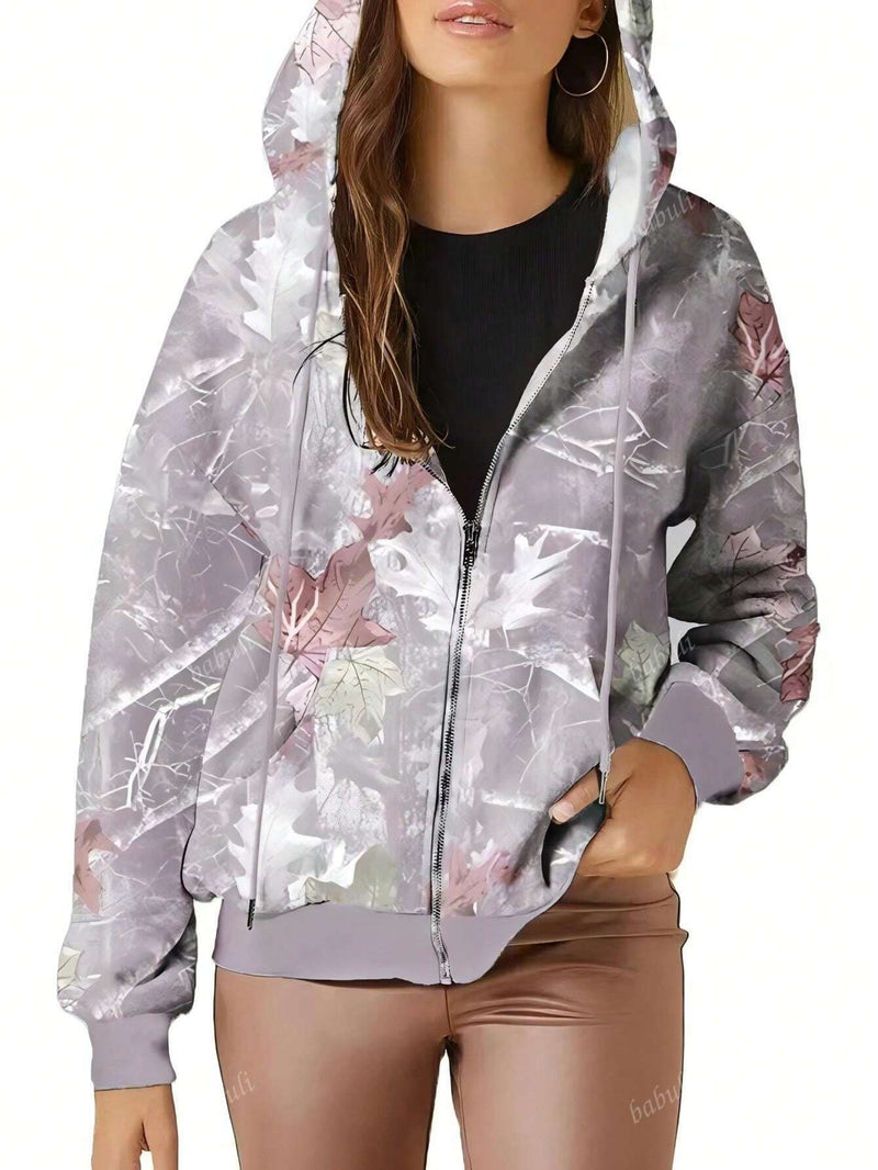 Chaqueta con cremallera de estampado floral diminuto casual para mujer, para primavera y otono