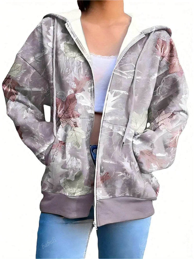 Chaqueta con cremallera de estampado floral diminuto casual para mujer, para primavera y otono