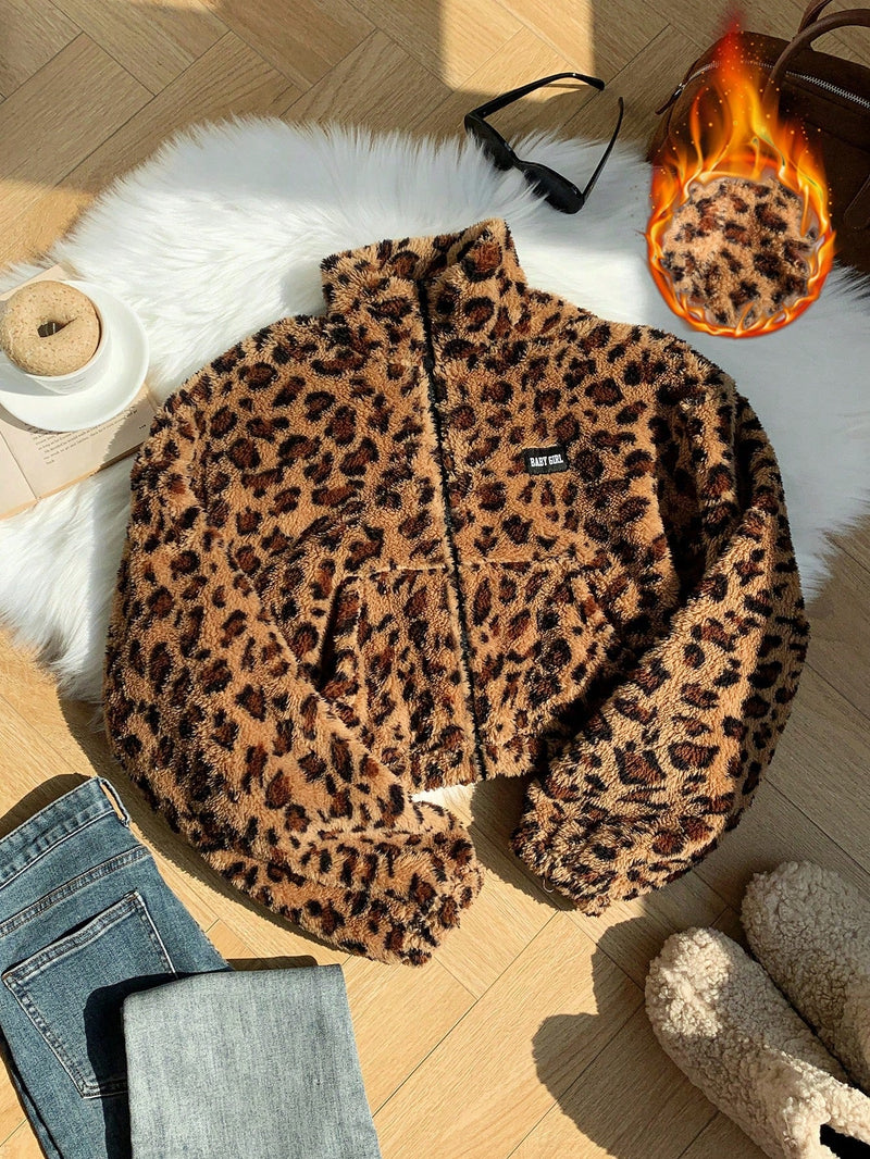 Comfortcana chaqueta corta de mujer informal con estampado de leopardo y pelo sintetico para otono e invierno