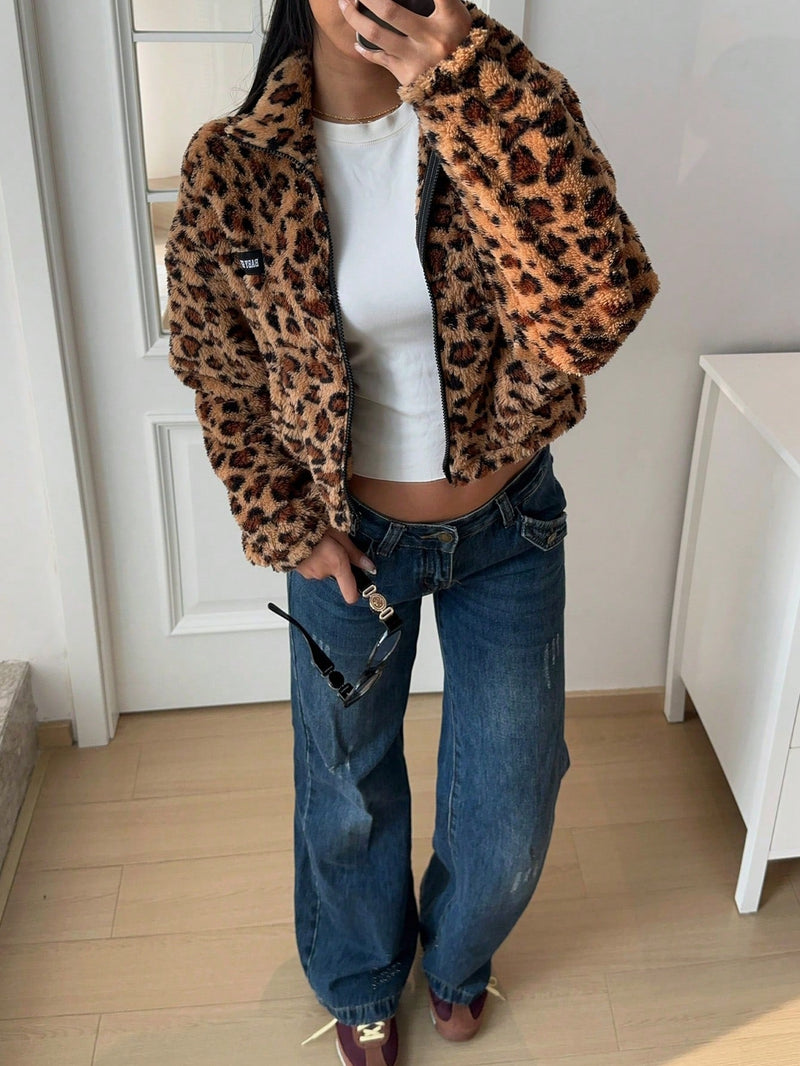 Comfortcana chaqueta corta de mujer informal con estampado de leopardo y pelo sintetico para otono e invierno