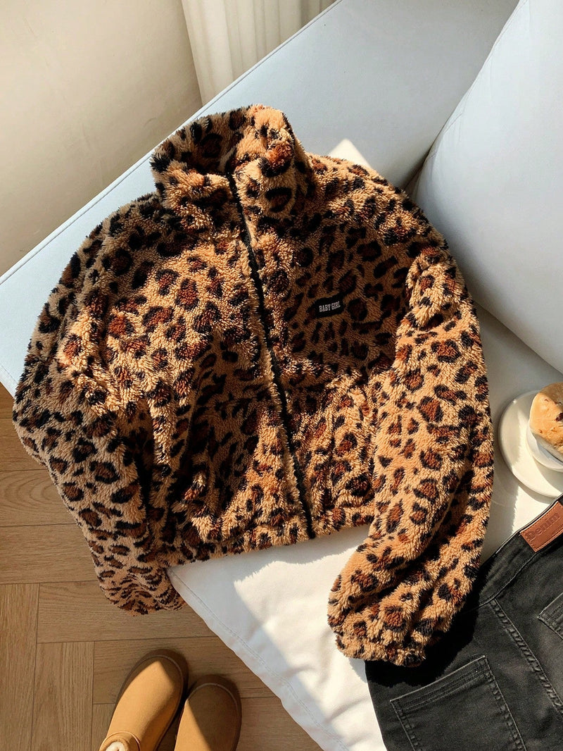 Comfortcana chaqueta corta de mujer informal con estampado de leopardo y pelo sintetico para otono e invierno