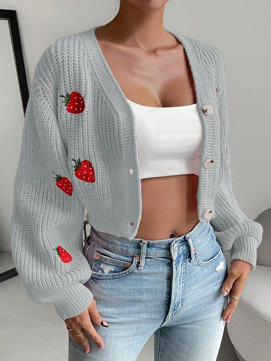 Moosta cardigan holgado de mujer con mangas farol, hombros caidos y bordado de fresa de estilo casual