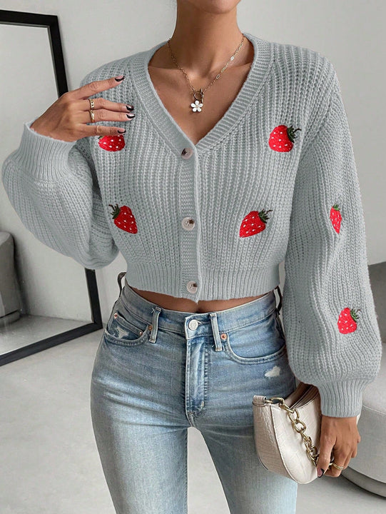 Moosta cardigan holgado de mujer con mangas farol, hombros caidos y bordado de fresa de estilo casual