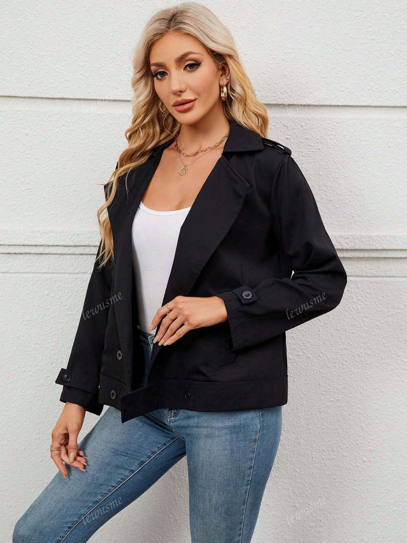 Chaqueta casual minimalista de mujer con cuello solapa, botones, mangas largas y bolsillos de unicolor