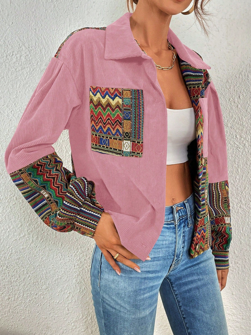 Lune chaqueta casual de manga larga con estampado geometrico de bloques de color y botones delanteros