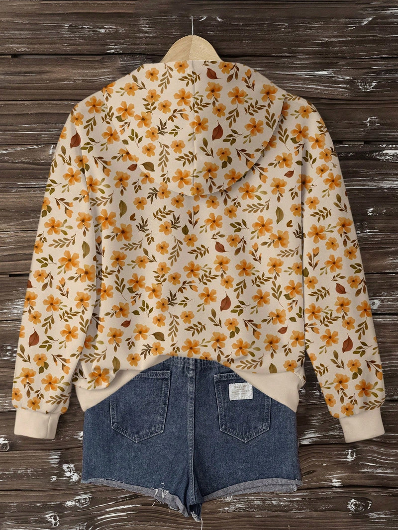 Lune sudadera con capucha de estampado floral vintage todo sobre en estilo minimalista casual, adecuada para otono/invierno