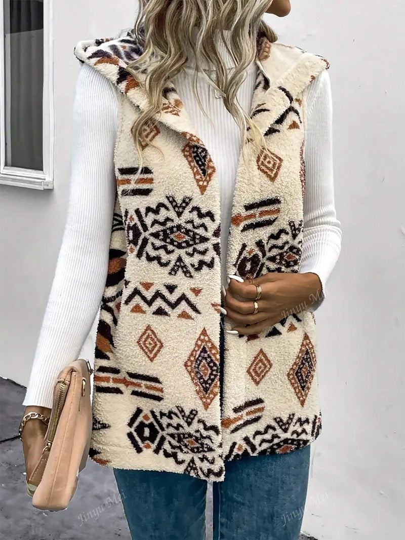 Chaleco con capucha de mujer con estampado geometrico y forro de pelo, para otono/invierno