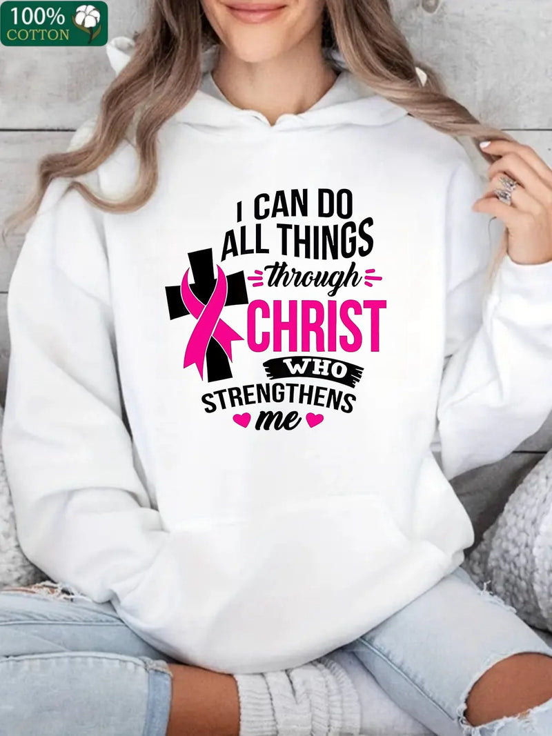 1 sudadera con capucha "puedo hacer todas las cosas a traves de cristo" de elain moda para mujer, de algodon 100% premium de 300g, de peso pesado, con cordon y bolsillos, para el dia de concienciacion sobre el cancer de mama