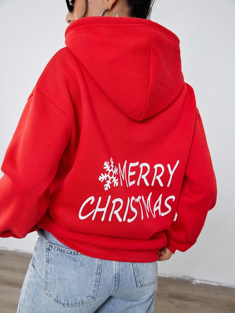 Sudadera con capucha, cordon y estampado grafico "feliz navidad" de moda minimalista en color rojo festivo para mujer, calida para otono/invierno