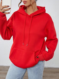 Sudadera con capucha, cordon y estampado grafico "feliz navidad" de moda minimalista en color rojo festivo para mujer, calida para otono/invierno