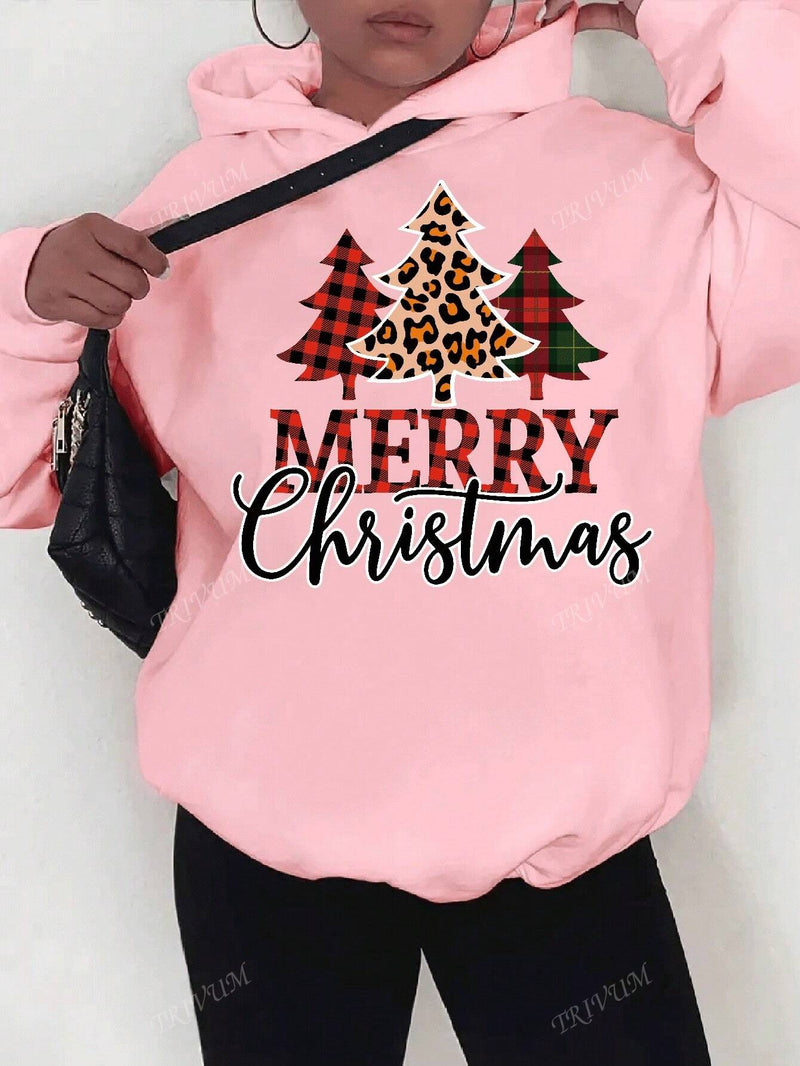 Sudadera rosa dulce con estampado de arbol de navidad, apta para usar en otono e invierno