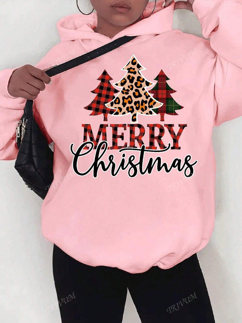 Sudadera rosa dulce con estampado de arbol de navidad, apta para usar en otono e invierno