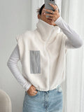 Moosta 1 pieza chaleco de felpa sherpa con cremallera de cuello alto blanco de estilo contraste para uso diario, casual, deportivo y callejero de mujer