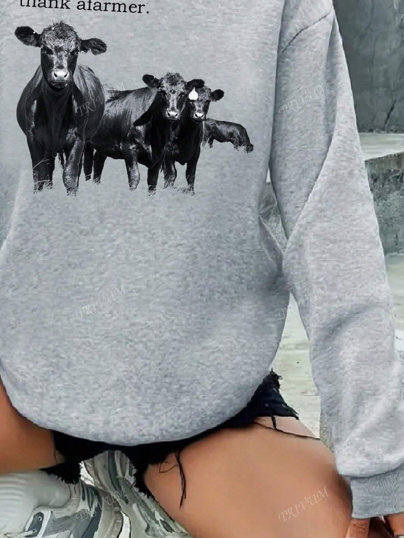 Sudadera con capucha de manga larga casual gris con estampado de vaca, adecuada para ropa de mujer de otono e invierno