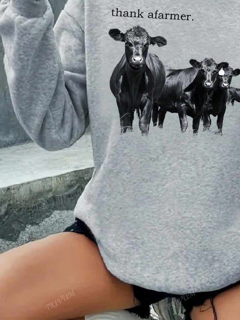 Sudadera con capucha de manga larga casual gris con estampado de vaca, adecuada para ropa de mujer de otono e invierno