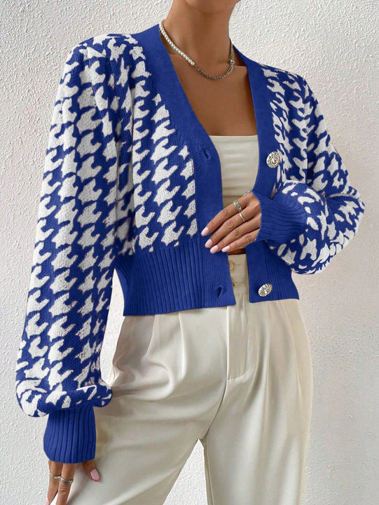 Essnce cardigan casual de mujer con botones y mangas de farol, dobladillo ancho y estampado de pata de gallo