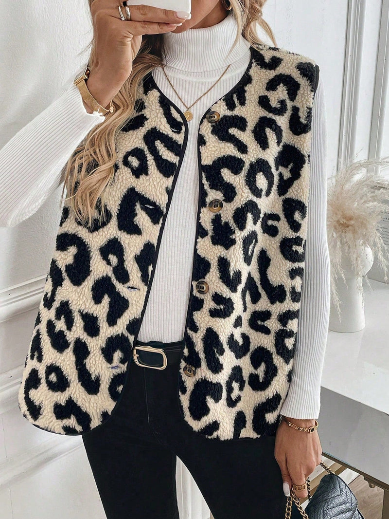 Tall chaleco sin mangas de cuello redondo de punto con estampado de leopardo sherpa de uso casual, chaqueta para mujer para otono/invierno