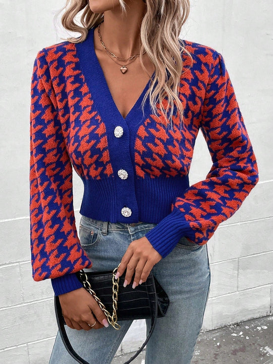 Essnce cardigan casual de mujer con botones y mangas de farol, dobladillo ancho y estampado de pata de gallo