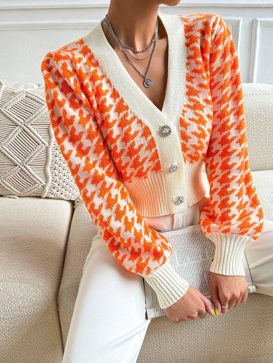Essnce cardigan casual de mujer con botones y mangas de farol, dobladillo ancho y estampado de pata de gallo