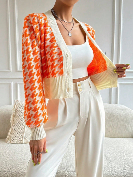 Essnce cardigan casual de mujer con botones y mangas de farol, dobladillo ancho y estampado de pata de gallo