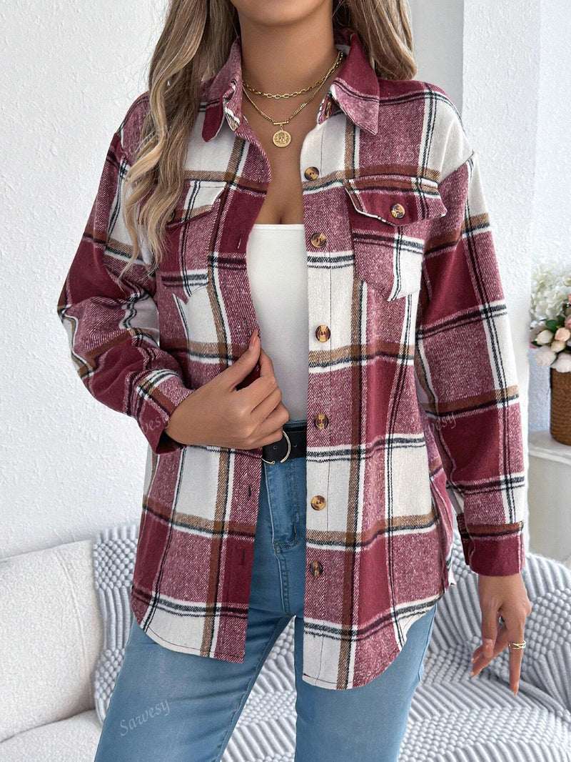 Chaqueta de mujer autentica de otono/invierno, informal, vintage, con mangas de linterna, de manga larga y con botones, en estampado a cuadros oversize