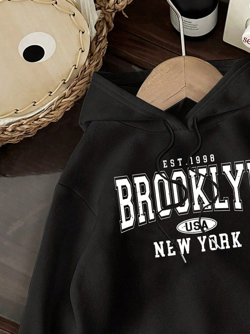 Attitoon sudadera holgada de capucha con estampado grafico de nueva york brooklyn, de ajuste suelto y gruesa, adecuada para otono/invierno, de estilo casual y sencillo para mujer