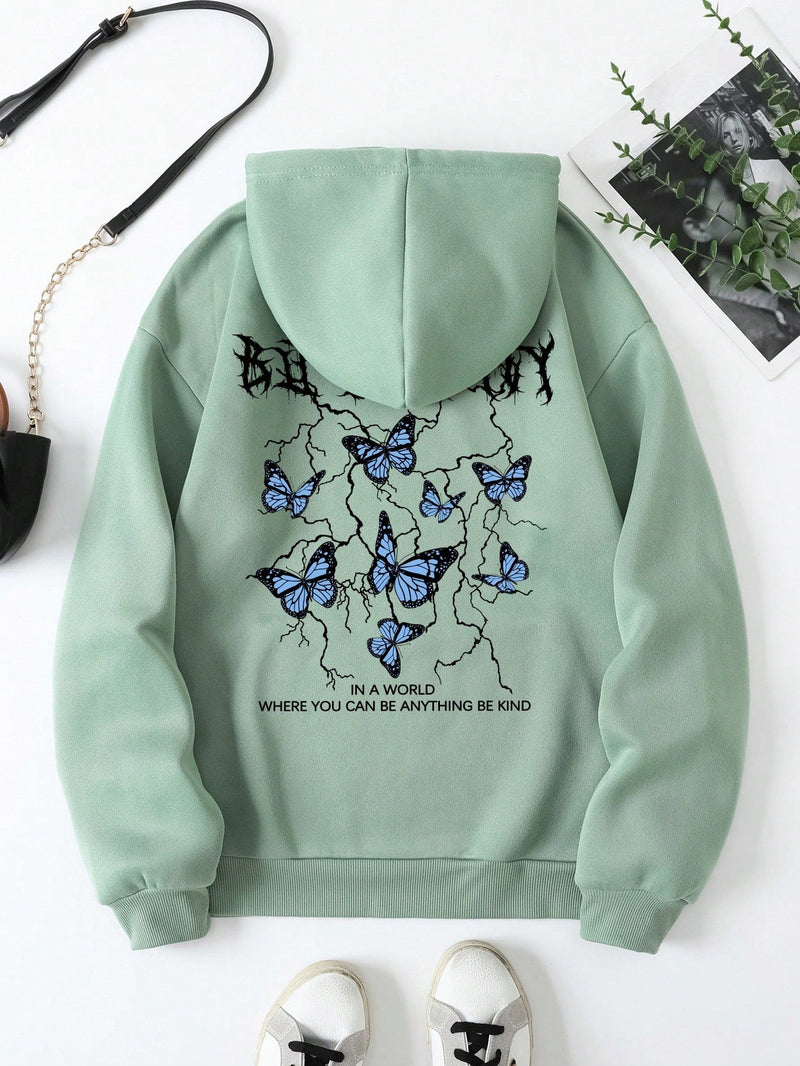 Essnce sudadera con capucha de manga larga de ajuste regular para mujer con estampado grafico de lema de mariposa y relampago para otono/invierno