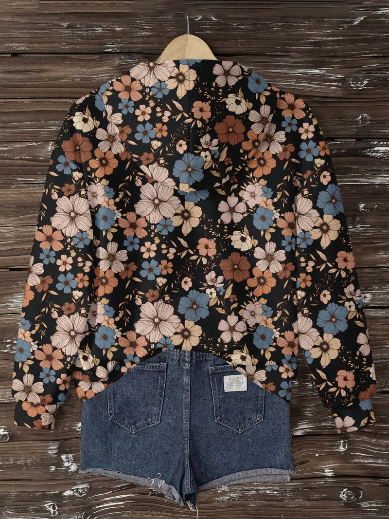 Lune sudadera con capucha de estampado floral vintage todo sobre en estilo minimalista casual, adecuada para otono/invierno