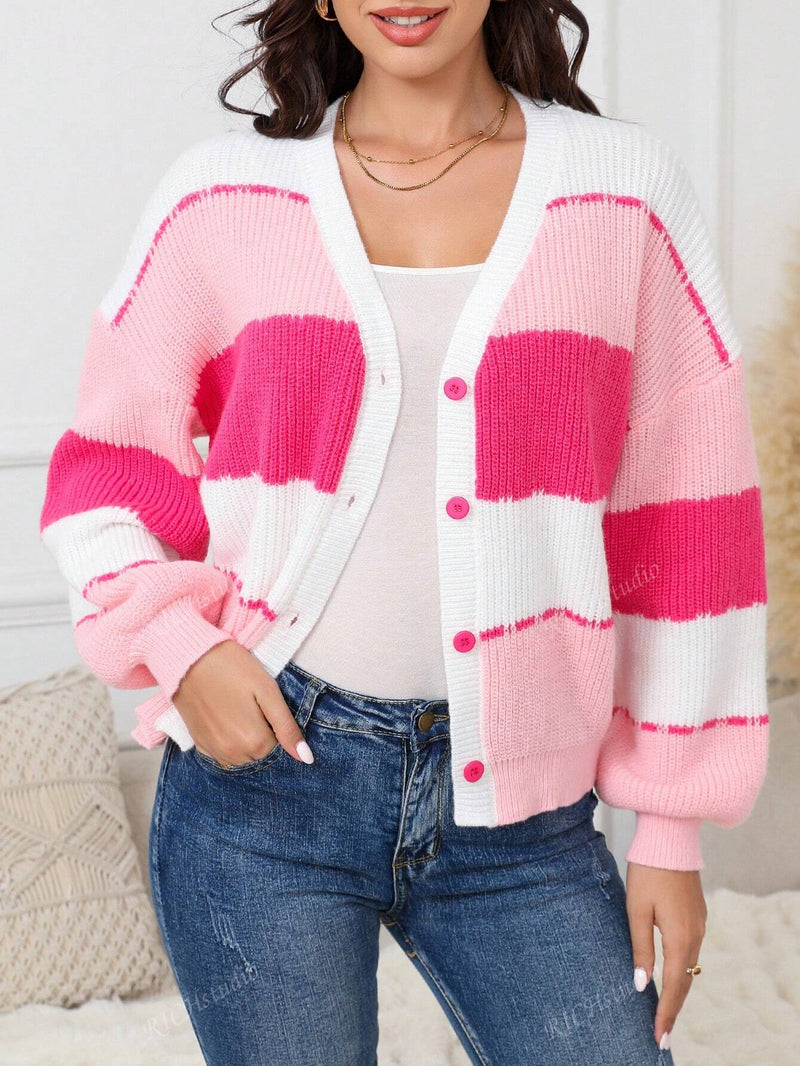 1 pieza cardigan de punto de manga larga con de color rosa, casual y elegante, para ninas, otono