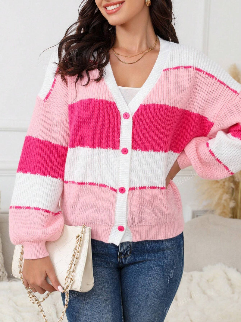 1 pieza cardigan de punto de manga larga con de color rosa, casual y elegante, para ninas, otono