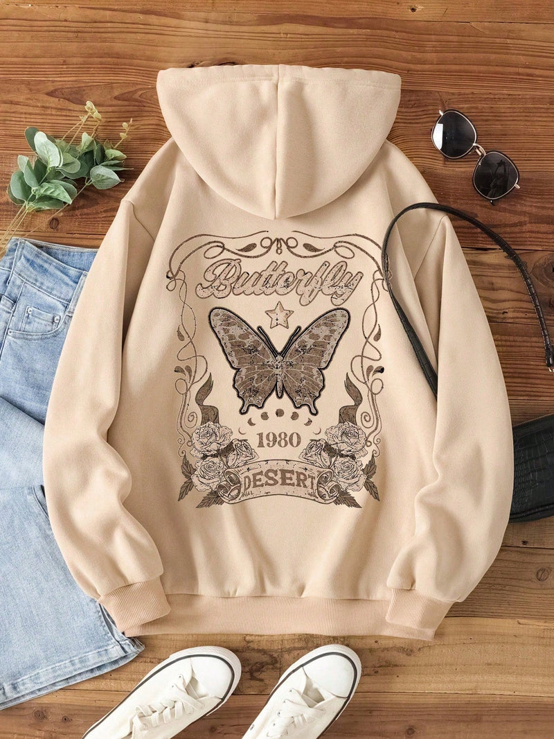 Essnce sudadera holgada de mujer con estampado de letras y mariposas de manga larga, para otono/invierno