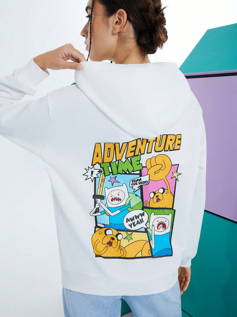 Adventure time x  sudadera con capucha holgada con bolsillo tipo canguro, estampado de eslogan de dibujos animados y cuello caido, para mujer, de uso casual en primavera y otono