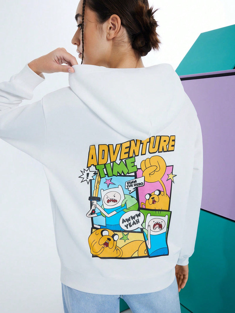 Adventure time x  sudadera con capucha holgada con bolsillo tipo canguro, estampado de eslogan de dibujos animados y cuello caido, para mujer, de uso casual en primavera y otono