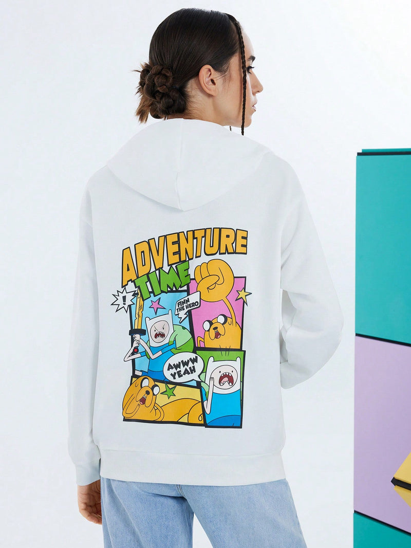 Adventure time x  sudadera con capucha holgada con bolsillo tipo canguro, estampado de eslogan de dibujos animados y cuello caido, para mujer, de uso casual en primavera y otono