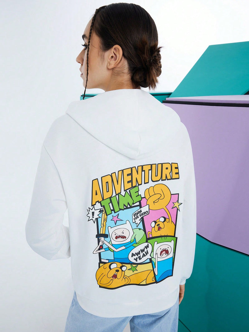 Adventure time x  sudadera con capucha holgada con bolsillo tipo canguro, estampado de eslogan de dibujos animados y cuello caido, para mujer, de uso casual en primavera y otono