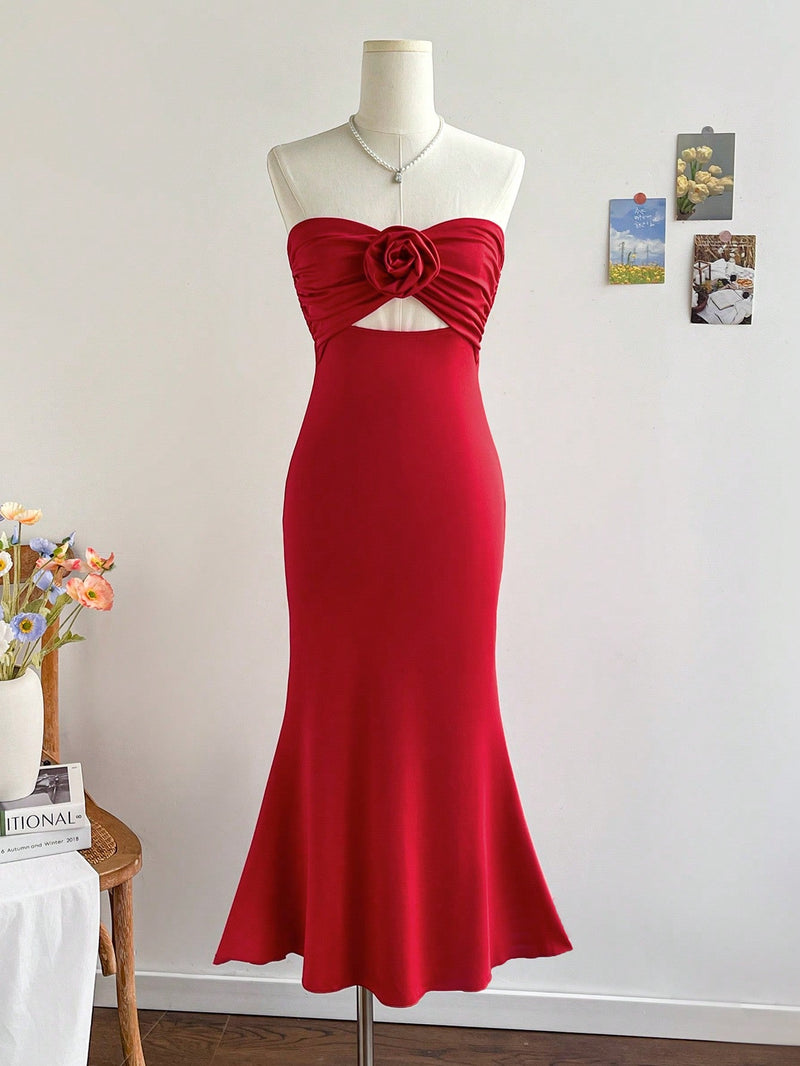 Wywh vestido rojo seductor y favorecedor de la figura con diseno floral y espalda descubierta, ideal para navidad, dia de san valentin y ano nuevo