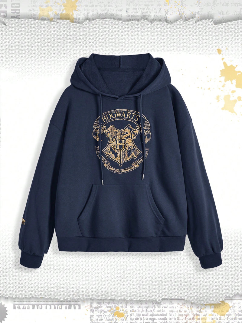 Harry potter | romwe sudadera con capucha de mujer informal, de gran tamano, con bolsillo tipo canguro, estampado de letras y insignias de animales, y cordon ajustable