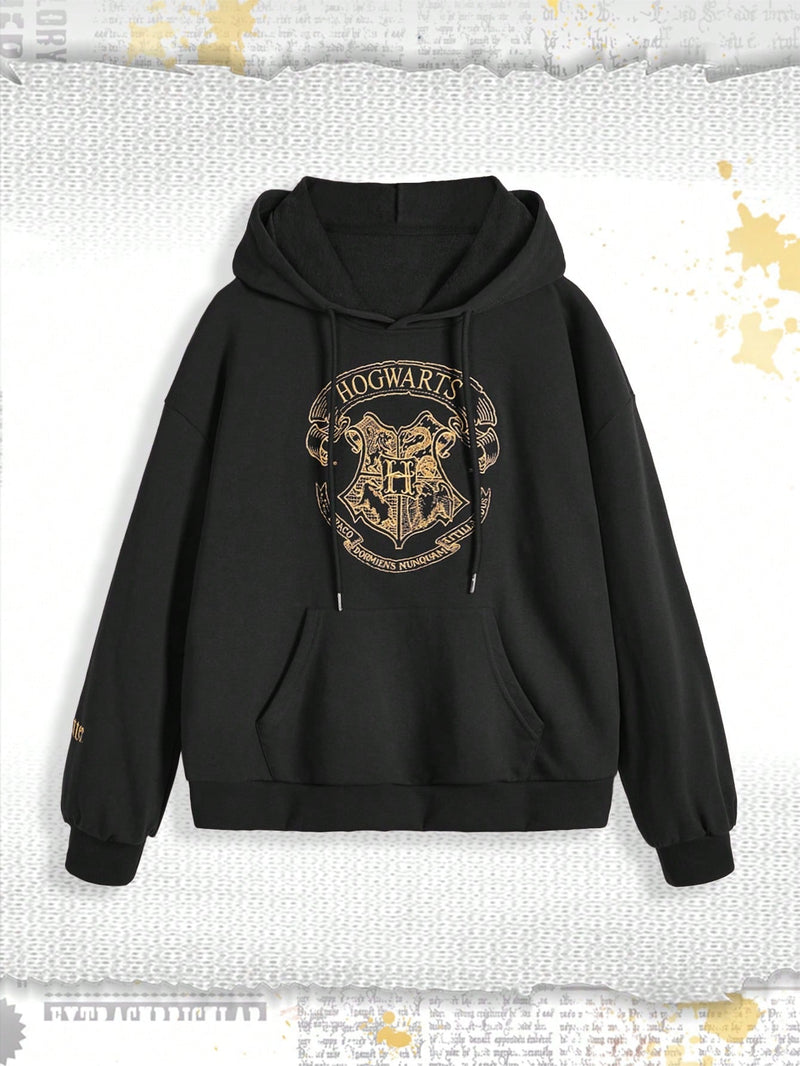 Harry potter | romwe sudadera con capucha de mujer informal, de gran tamano, con bolsillo tipo canguro, estampado de letras y insignias de animales, y cordon ajustable