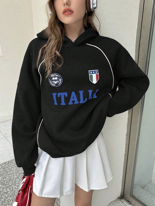 Ezwear sudadera holgada con capucha de estilo deportivo minimalista casual con patron de letra de mexico, para mujer, otono/invierno