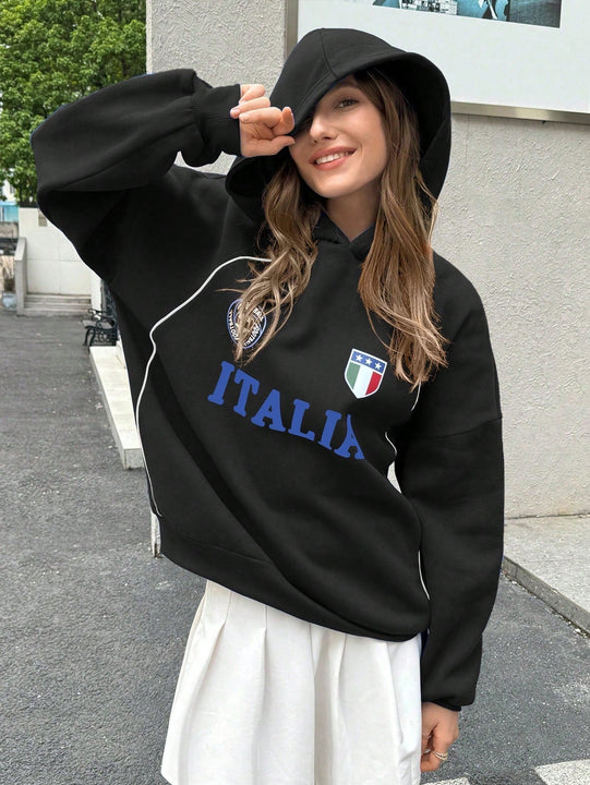 Ezwear sudadera holgada con capucha de estilo deportivo minimalista casual con patron de letra de mexico, para mujer, otono/invierno